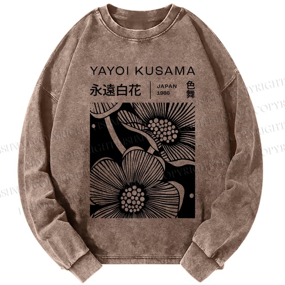 Unisex Casual Washed Yayoi Kusama Black Flower Printed Long Sleeve T-shirt