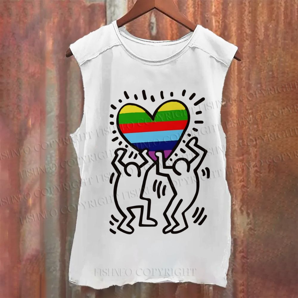 Unisex Casual Keith Haring Rainbow Heart Printed Tank Top
