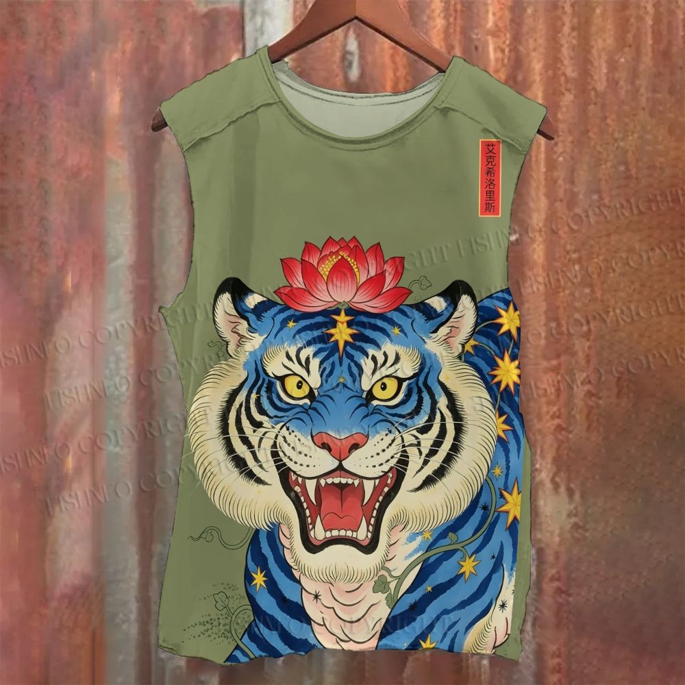 Unisex Casual Lotus And Tiger Printed Tank Top