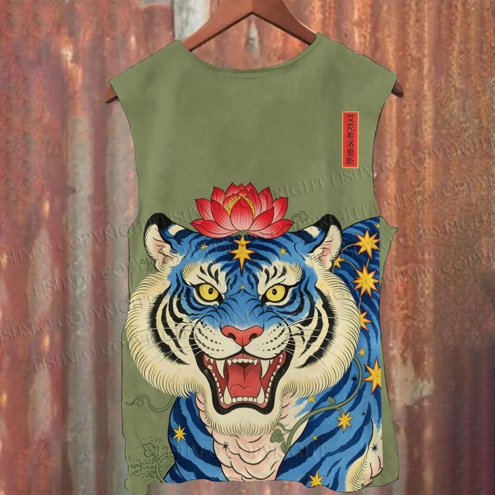 Unisex Casual Lotus And Tiger Printed Tank Top