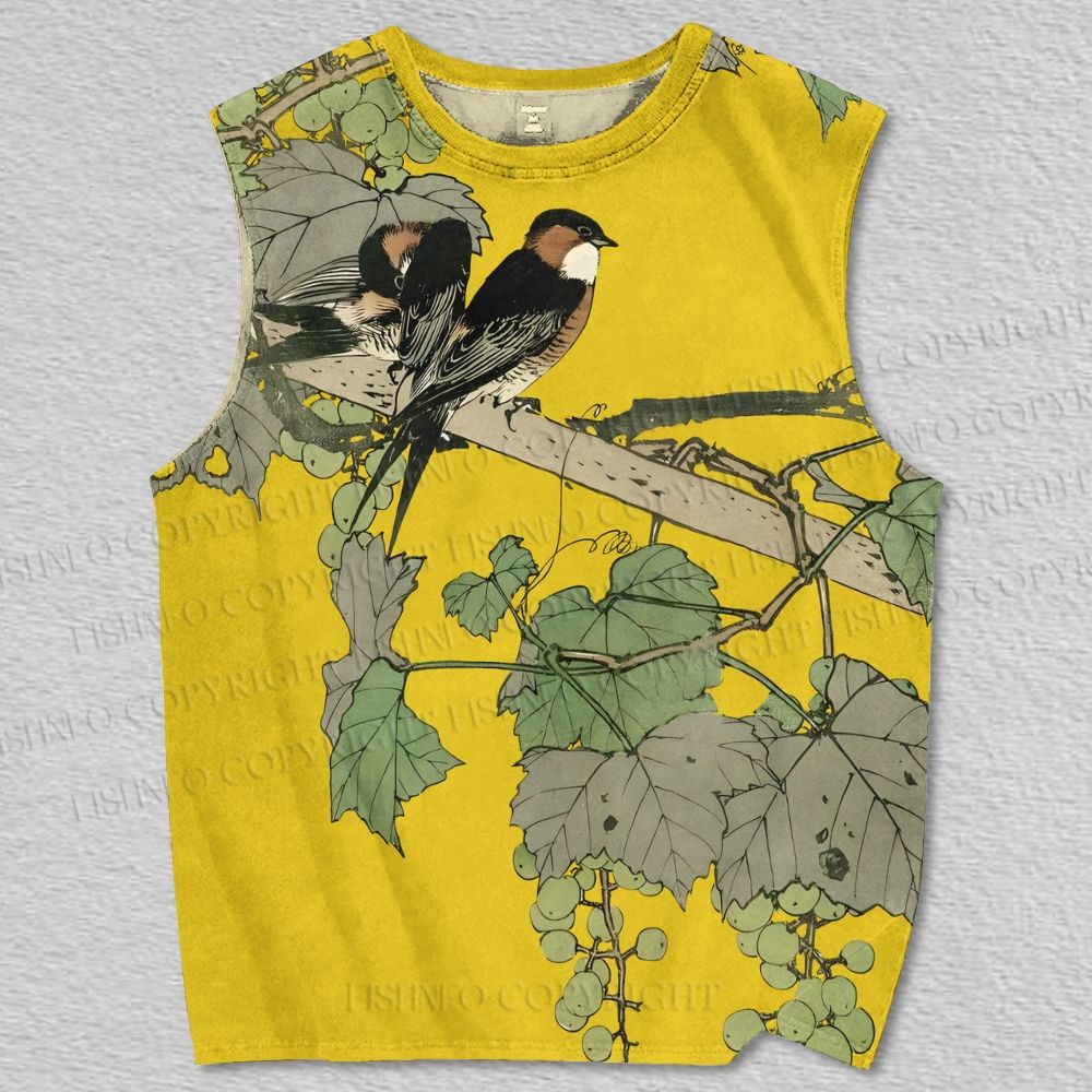 Unisex Vintage Bird With Grape Printed Tank Top