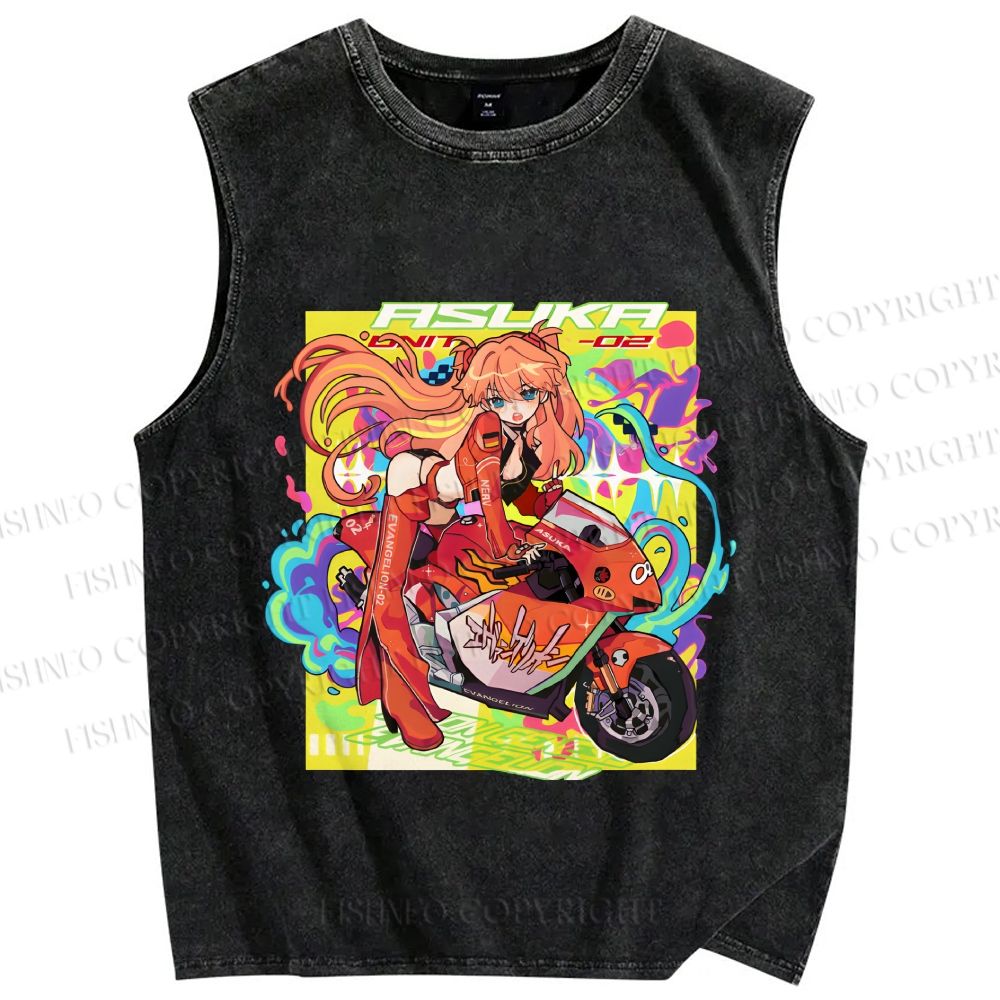 Unisex Neon Genesis Evangelion Asuka Graffiti Printed Washed Tank Top