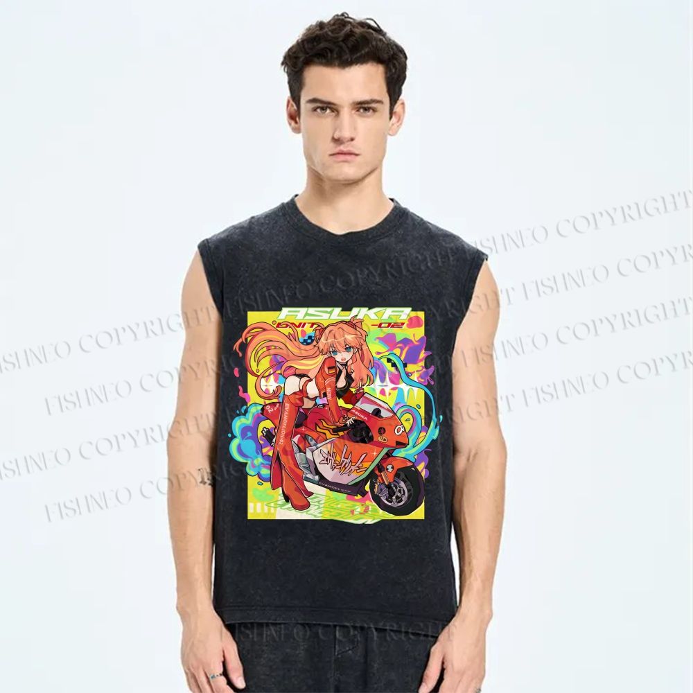 Unisex Neon Genesis Evangelion Asuka Graffiti Printed Washed Tank Top