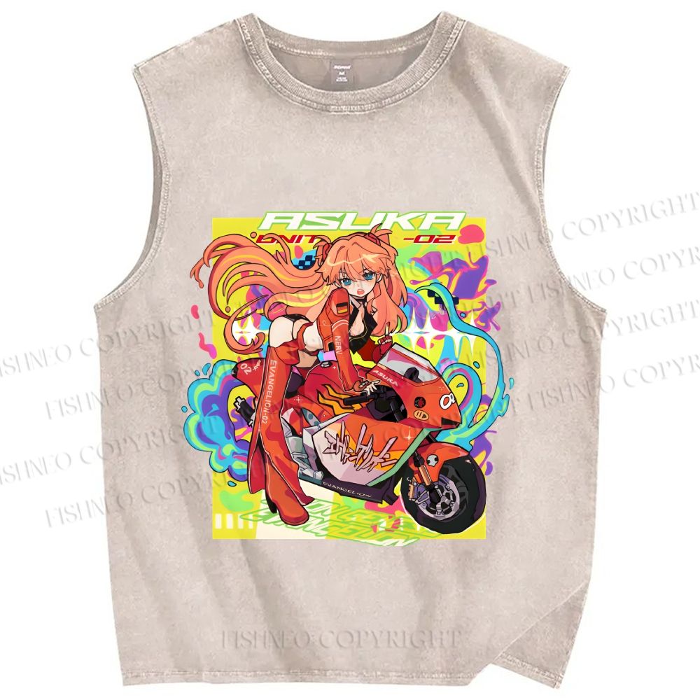 Unisex Neon Genesis Evangelion Asuka Graffiti Printed Washed Tank Top