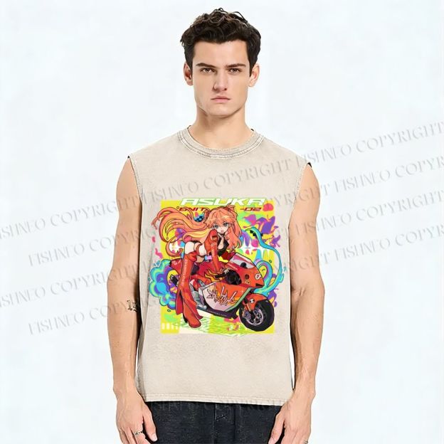 Unisex Neon Genesis Evangelion Asuka Graffiti Printed Washed Tank Top
