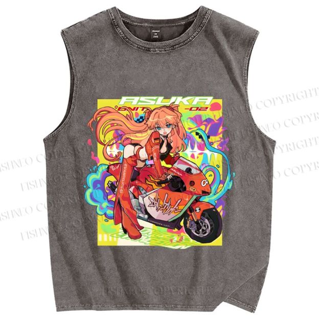 Unisex Neon Genesis Evangelion Asuka Graffiti Printed Washed Tank Top