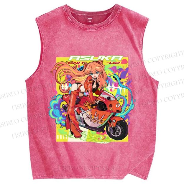 Unisex Neon Genesis Evangelion Asuka Graffiti Printed Washed Tank Top