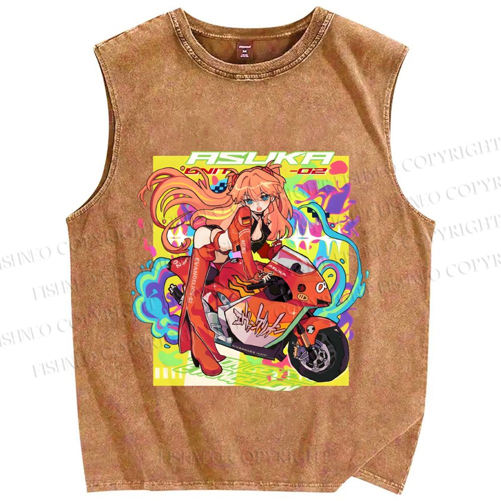 Unisex Neon Genesis Evangelion Asuka Graffiti Printed Washed Tank Top