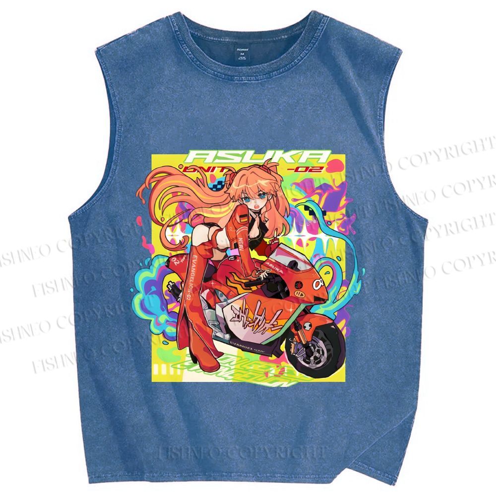 Unisex Neon Genesis Evangelion Asuka Graffiti Printed Washed Tank Top