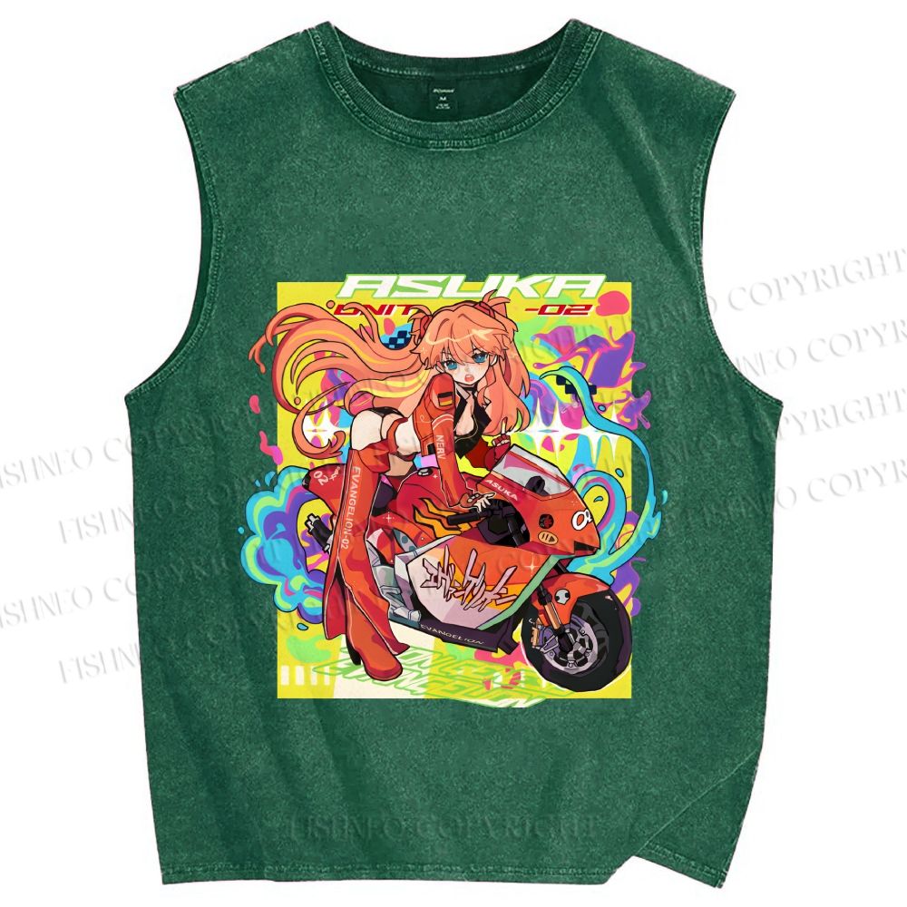 Unisex Neon Genesis Evangelion Asuka Graffiti Printed Washed Tank Top