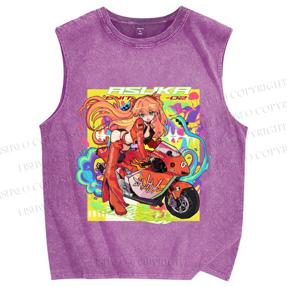 Unisex Neon Genesis Evangelion Asuka Graffiti Printed Washed Tank Top