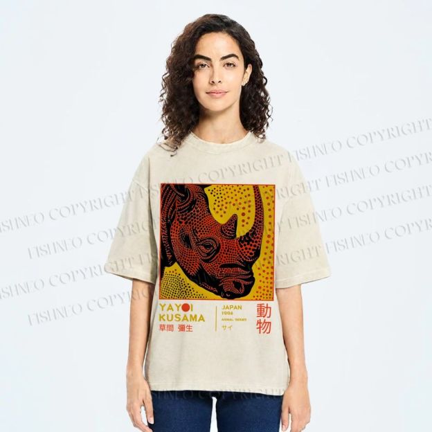 Unisex Yayoi Kusama Rhino Printed Washed Tee