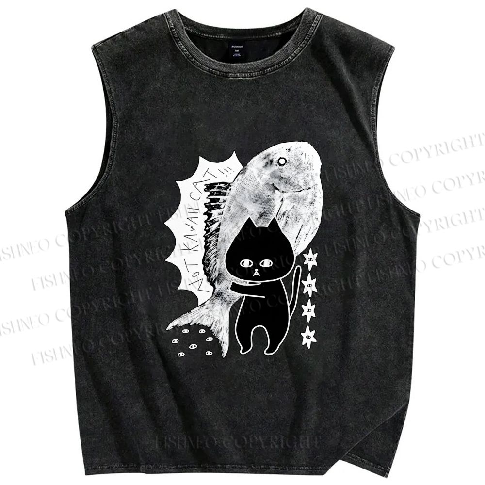 Unisex Cat Carrying Fish Printed Washed Tank Top
