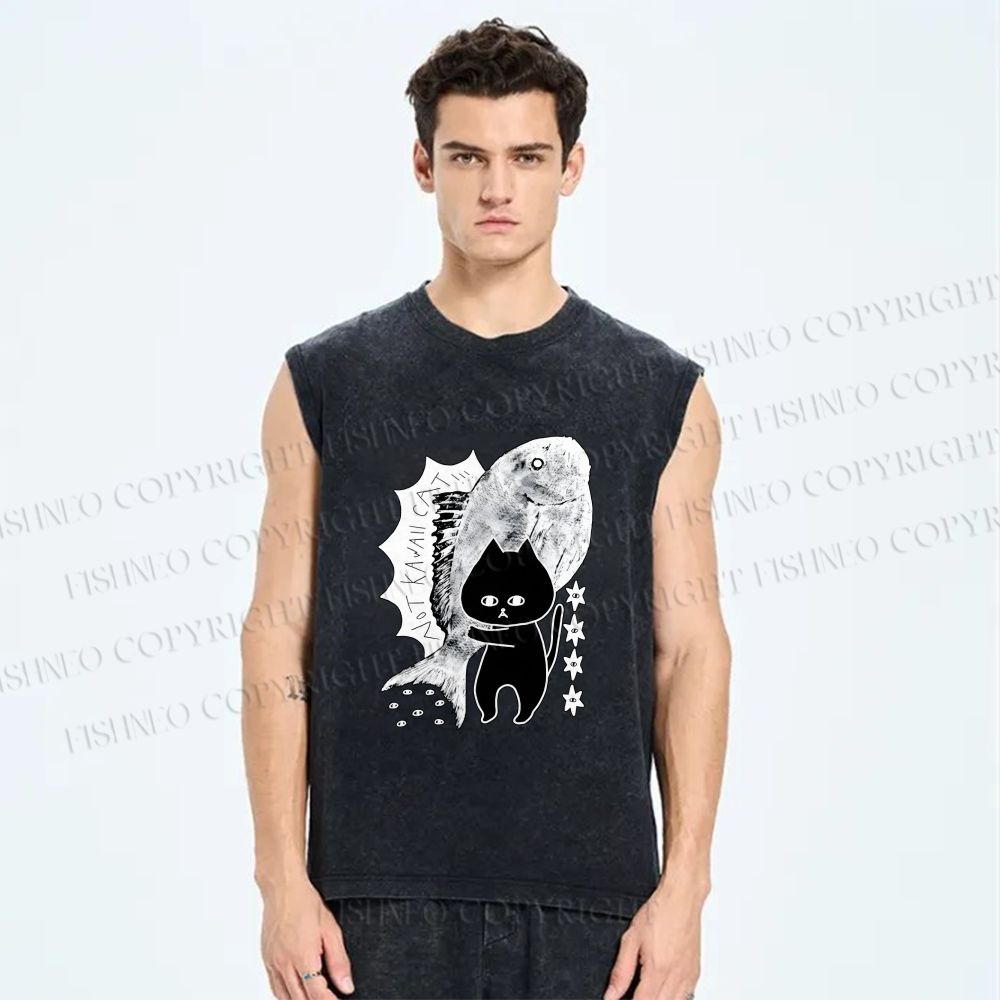 Unisex Cat Carrying Fish Printed Washed Tank Top