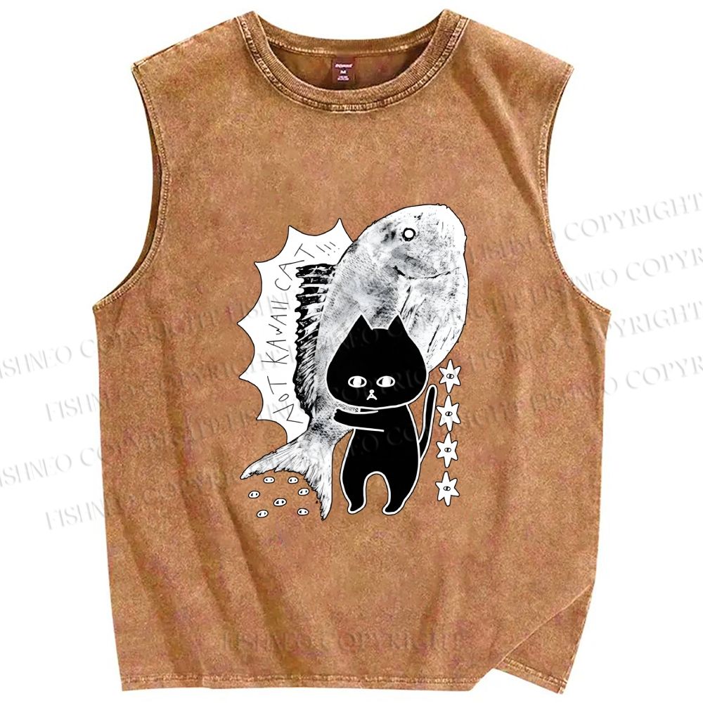 Unisex Cat Carrying Fish Printed Washed Tank Top