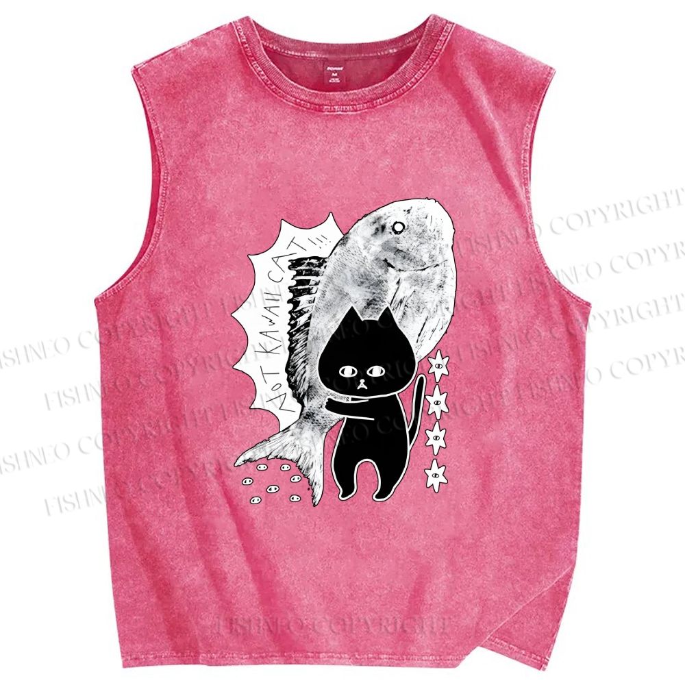 Unisex Cat Carrying Fish Printed Washed Tank Top