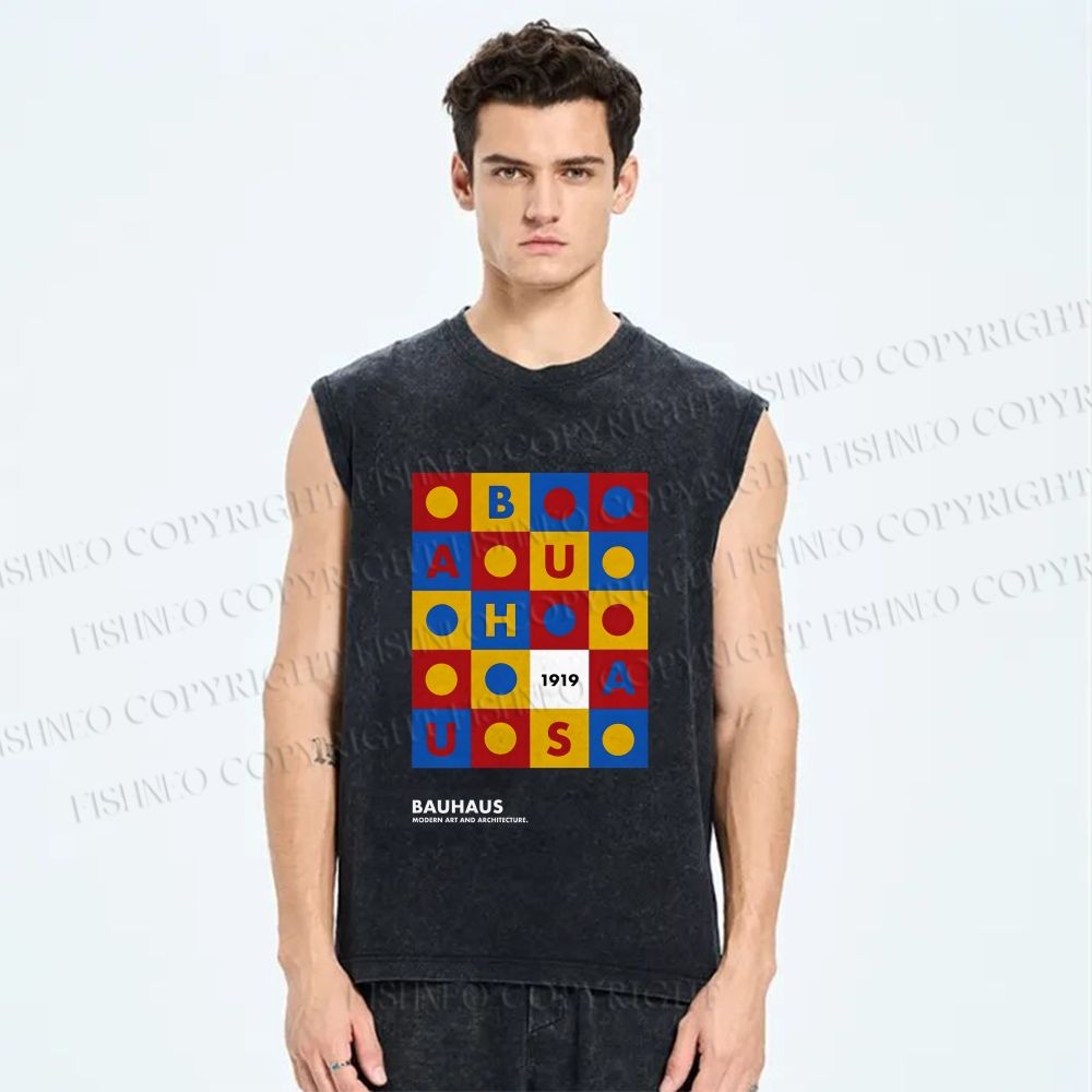 Unisex Bauhaus Letters And Shapes Printed Washed Tank Top