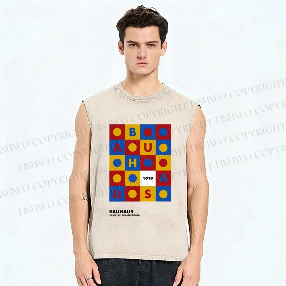 Unisex Bauhaus Letters And Shapes Printed Washed Tank Top