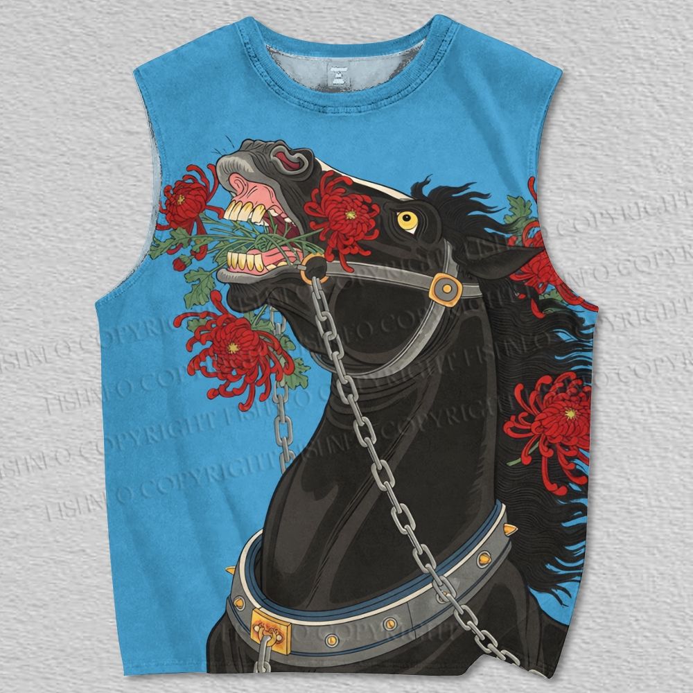 Unisex Silly Horse With Flowers Japanese Ukiyo-e Vintage Printed Tank Top
