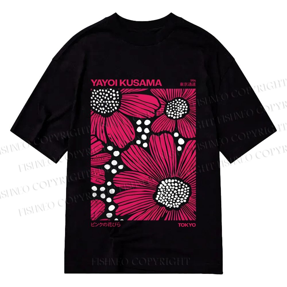 Unisex Classic Cotton Yayoi Kusama Giant Pink Flowers Printed T-shirt