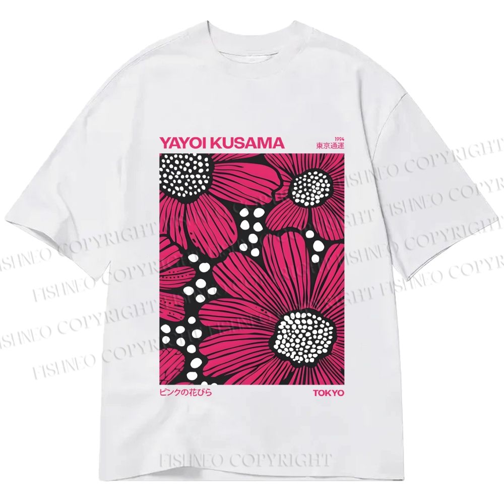Unisex Classic Cotton Yayoi Kusama Giant Pink Flowers Printed T-shirt