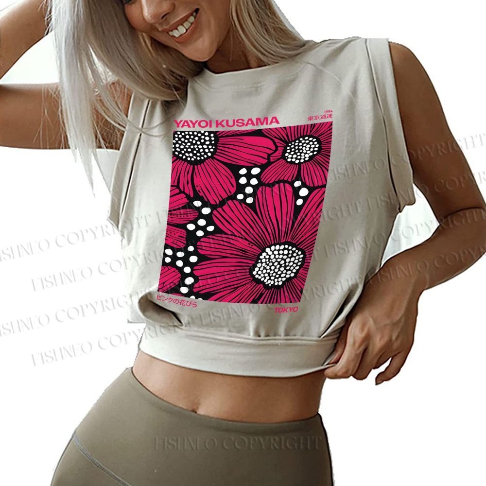 Yayoi Kusama Giant Pink Flowers Sleeveless Crop Tops