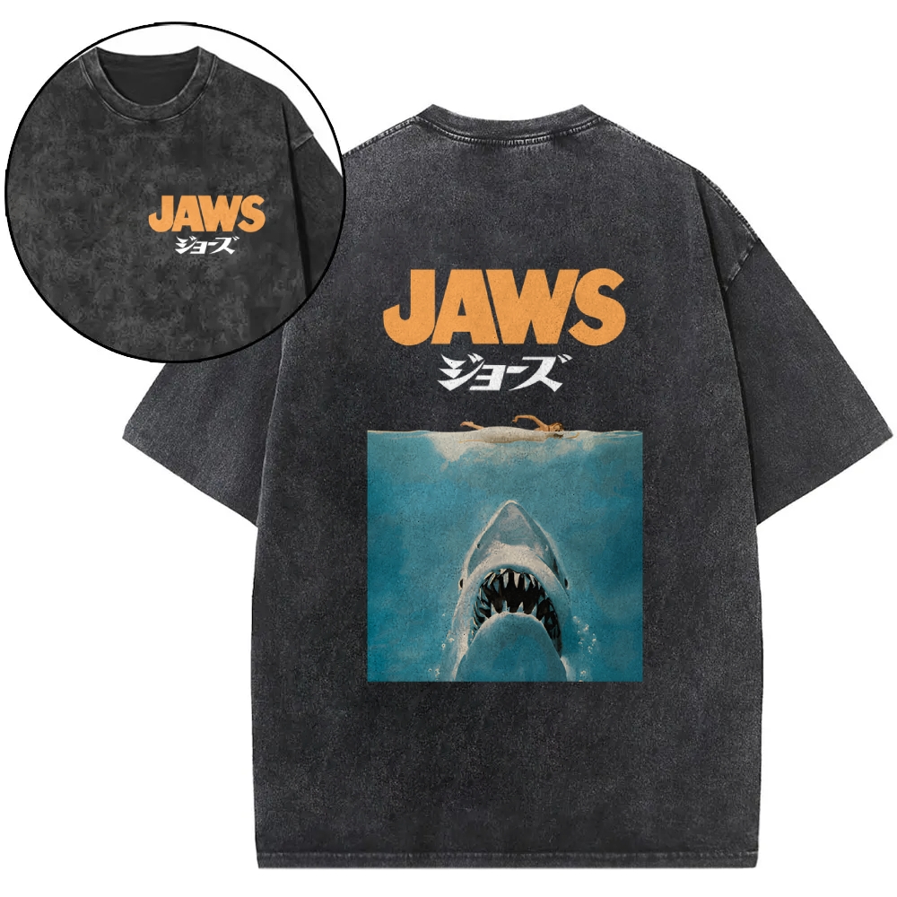 Jaws Shark Vintage Wash Japanese Design Back Art T-Shirt