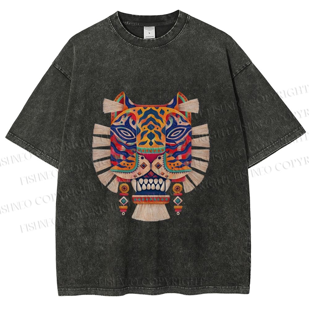 Unisex  Embroidered Ethnic Style Tiger Printed Washed Tee