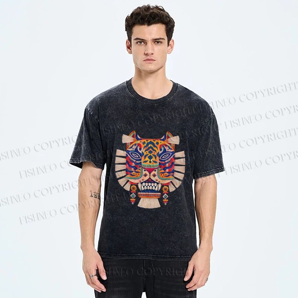 Unisex  Embroidered Ethnic Style Tiger Printed Washed Tee