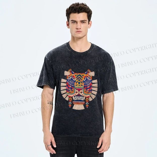 Unisex  Embroidered Ethnic Style Tiger Printed Washed Tee