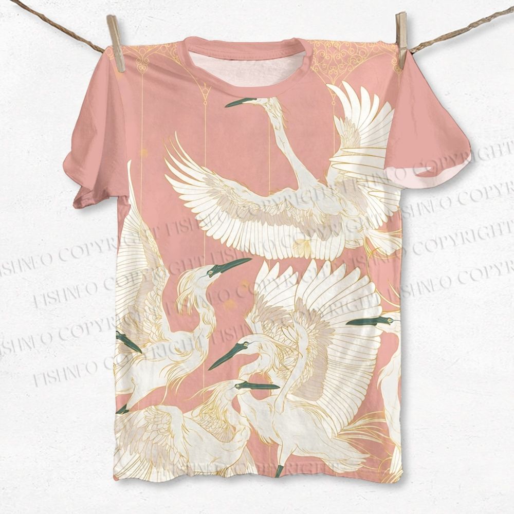 Unisex Vintage Crane Printed Classic Cotton T-shirt
