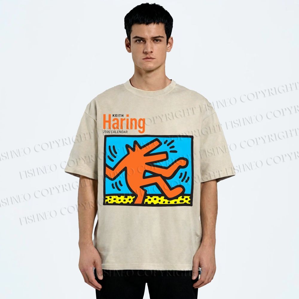 Unisex Keith Haring Dancing Dog Printed Washed Tee
