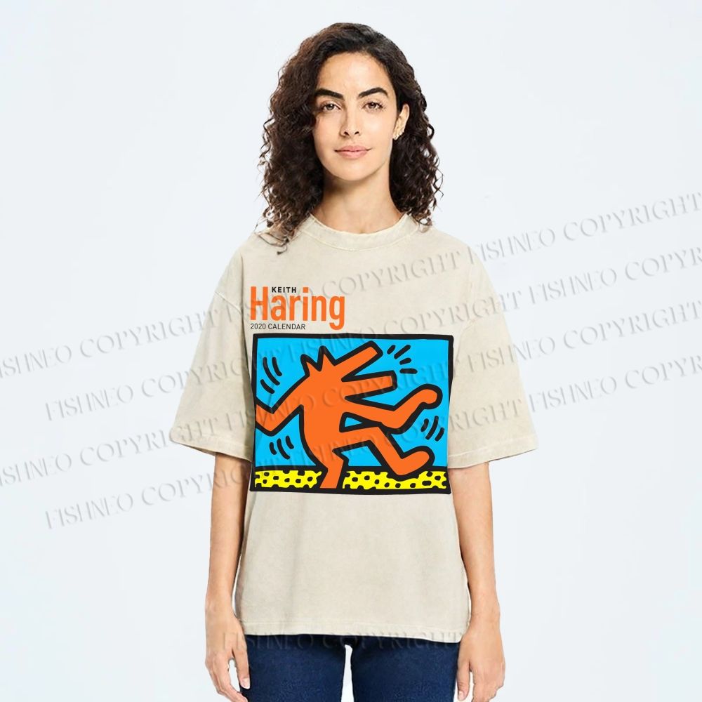 Unisex Keith Haring Dancing Dog Printed Washed Tee
