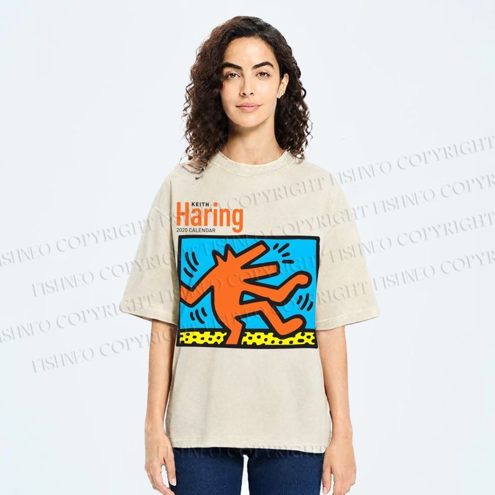 Unisex Keith Haring Dancing Dog Printed Washed Tee