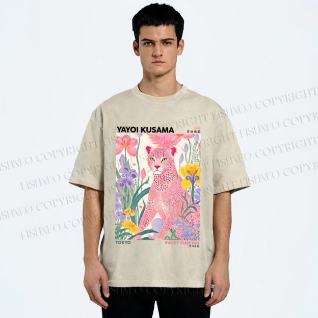Unisex Yayoi Kusama Pink Cheetah Printed Washed Tee