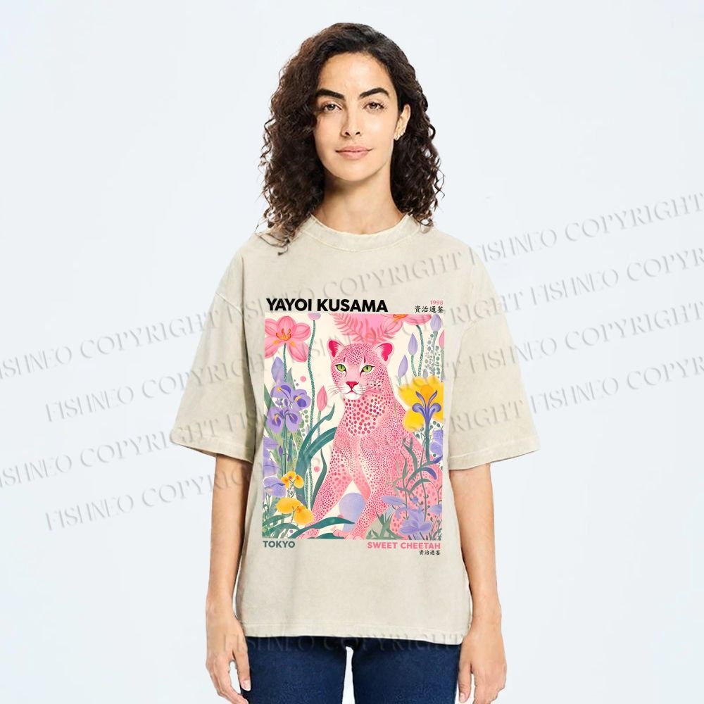 Unisex Yayoi Kusama Pink Cheetah Printed Washed Tee