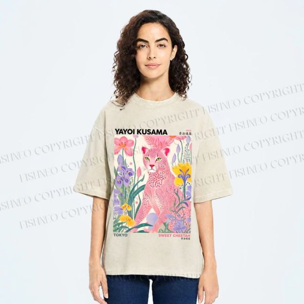 Unisex Yayoi Kusama Pink Cheetah Printed Washed Tee