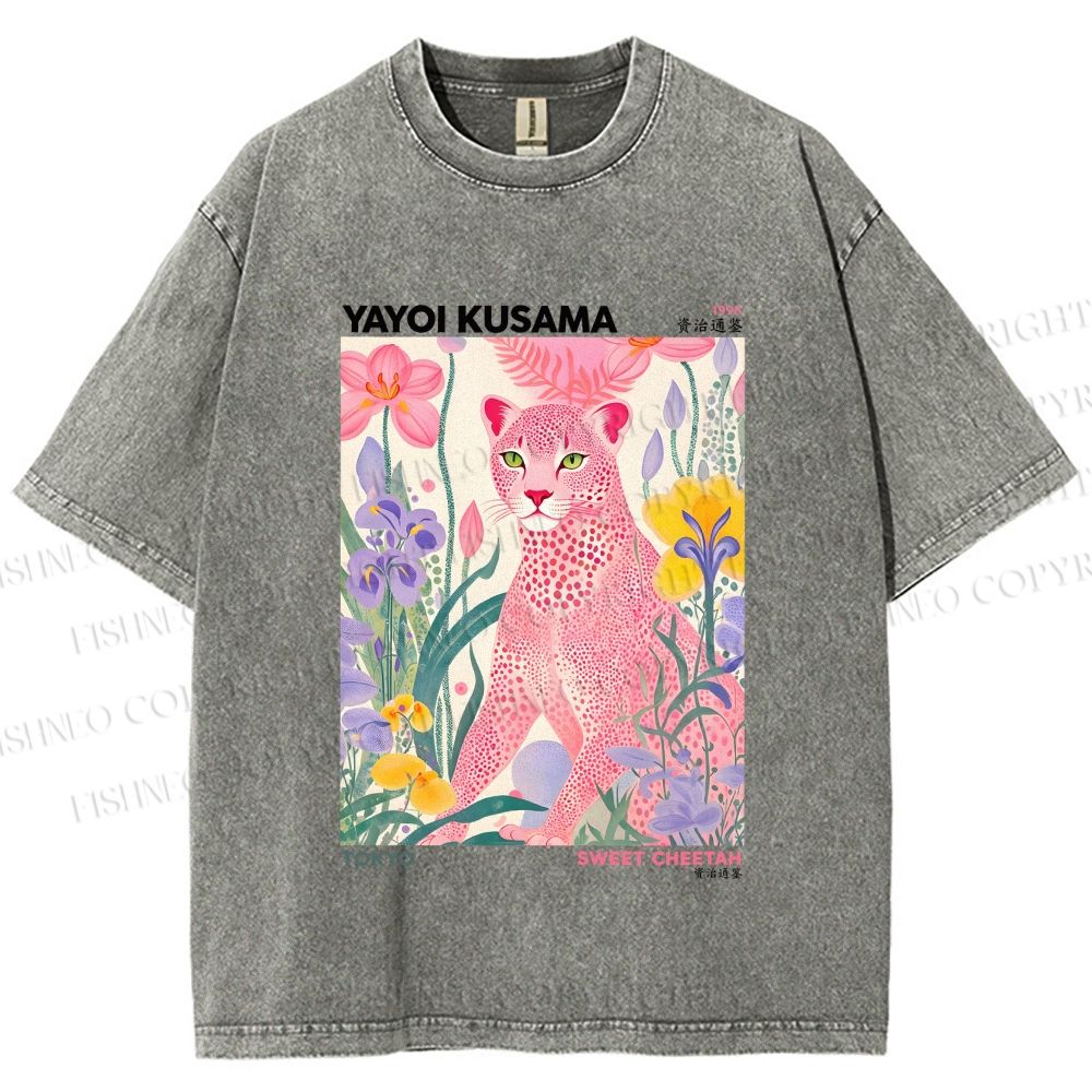 Unisex Yayoi Kusama Pink Cheetah Printed Washed Tee