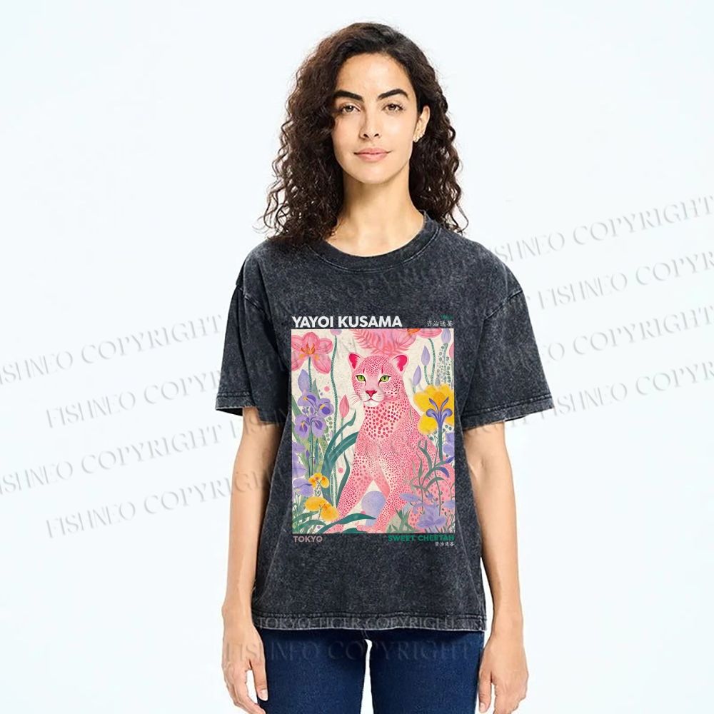 Unisex Yayoi Kusama Pink Cheetah Printed Washed Tee