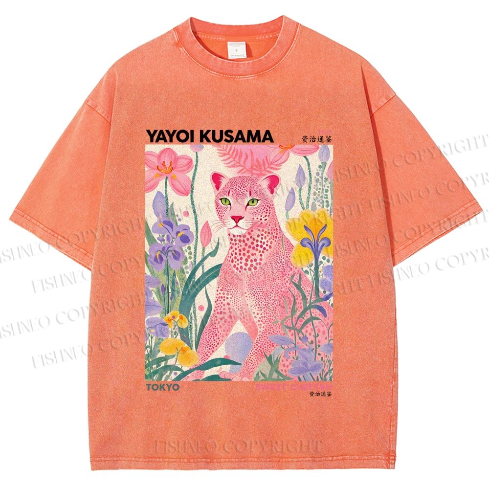 Unisex Yayoi Kusama Pink Cheetah Printed Washed Tee