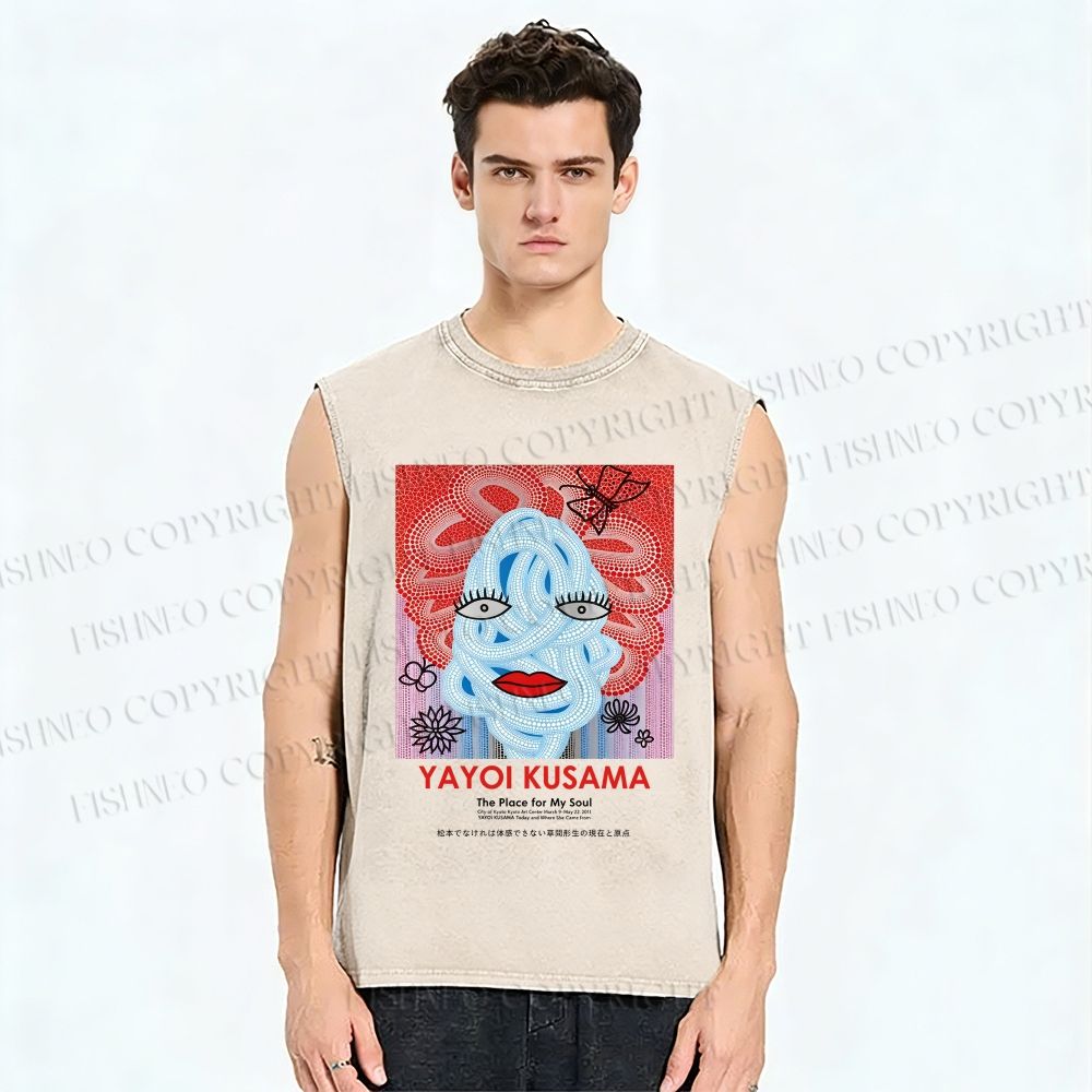 Unisex Yayoi Kusama Woman Printed Washed Tank Top