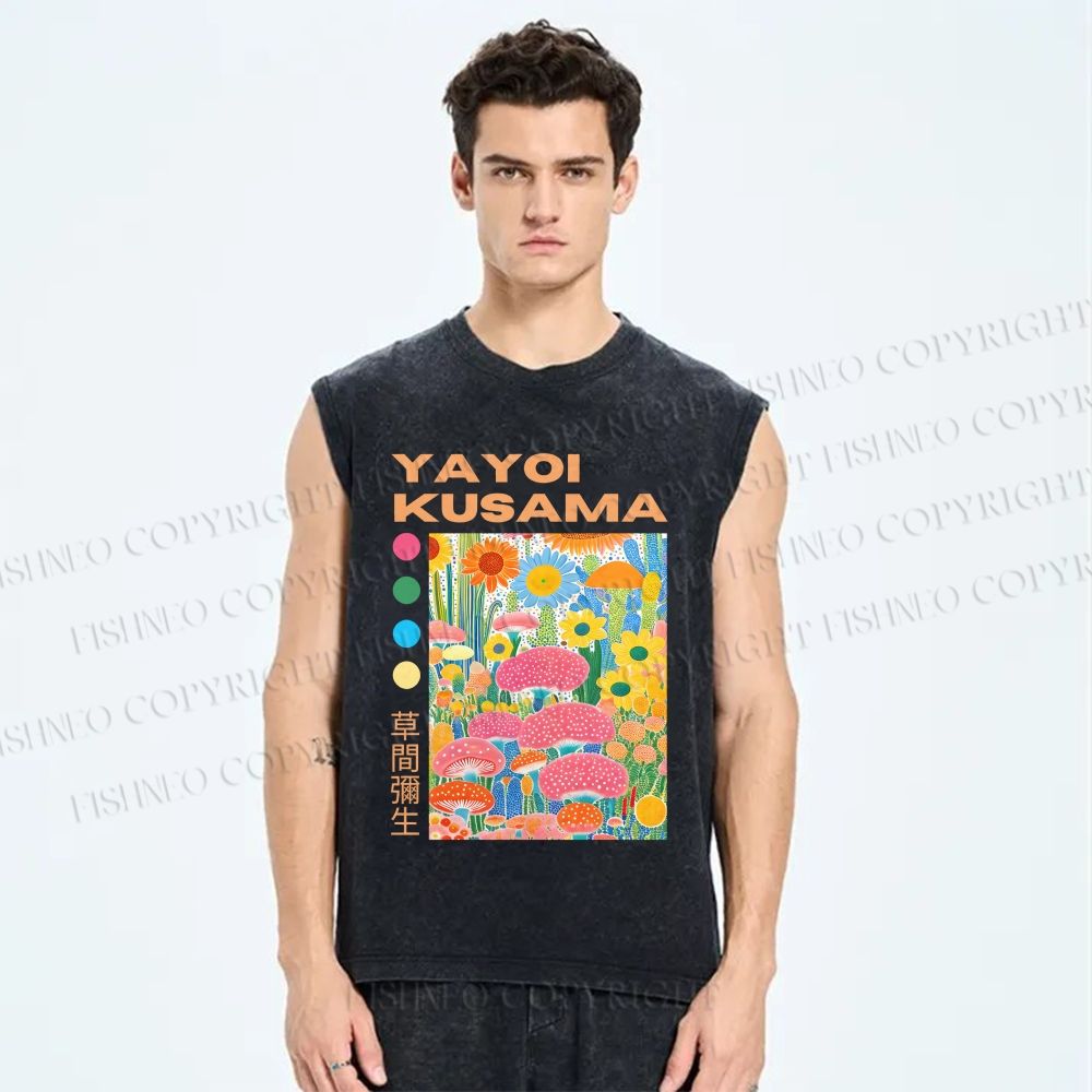 Unisex Yayoi Kusama Flowers Printed Washed Tank Top