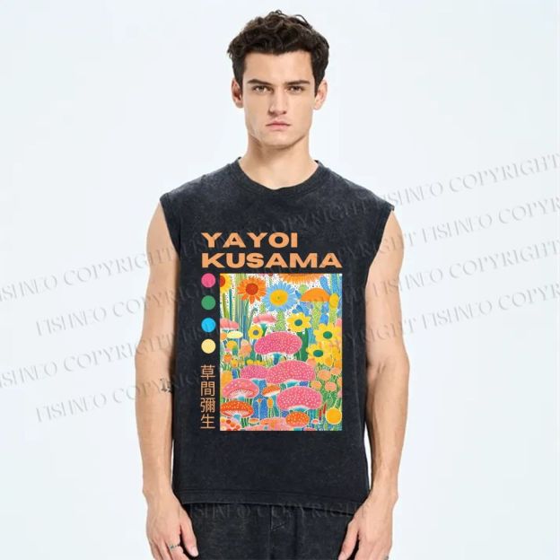 Unisex Yayoi Kusama Flowers Printed Washed Tank Top