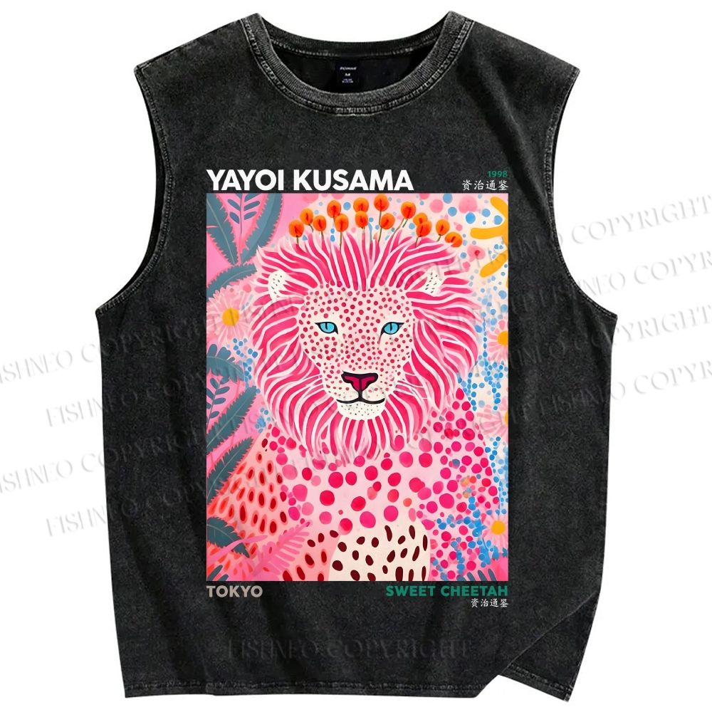 Unisex Yayoi Kusama Pink Lion Printed Washed Tank Top