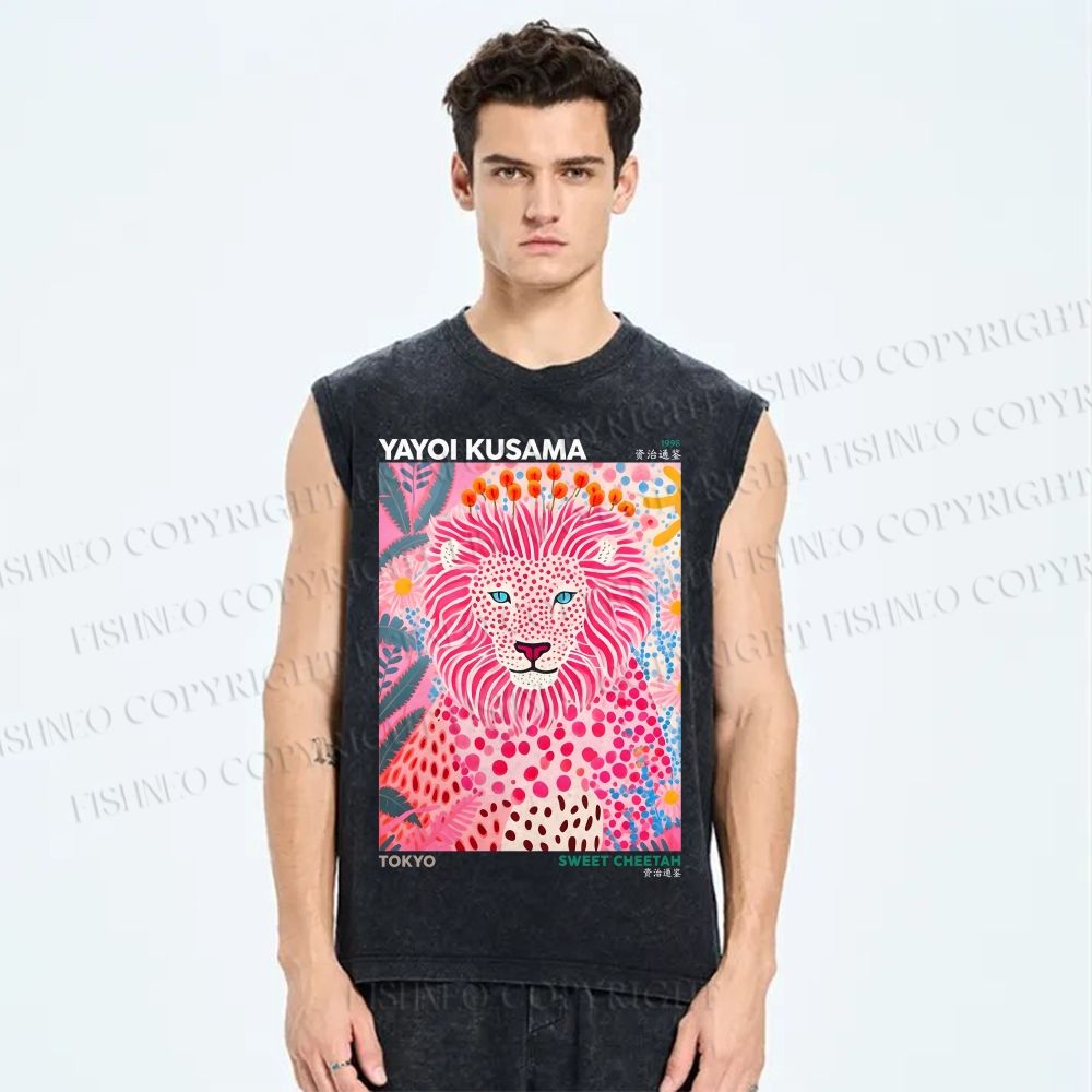 Unisex Yayoi Kusama Pink Lion Printed Washed Tank Top
