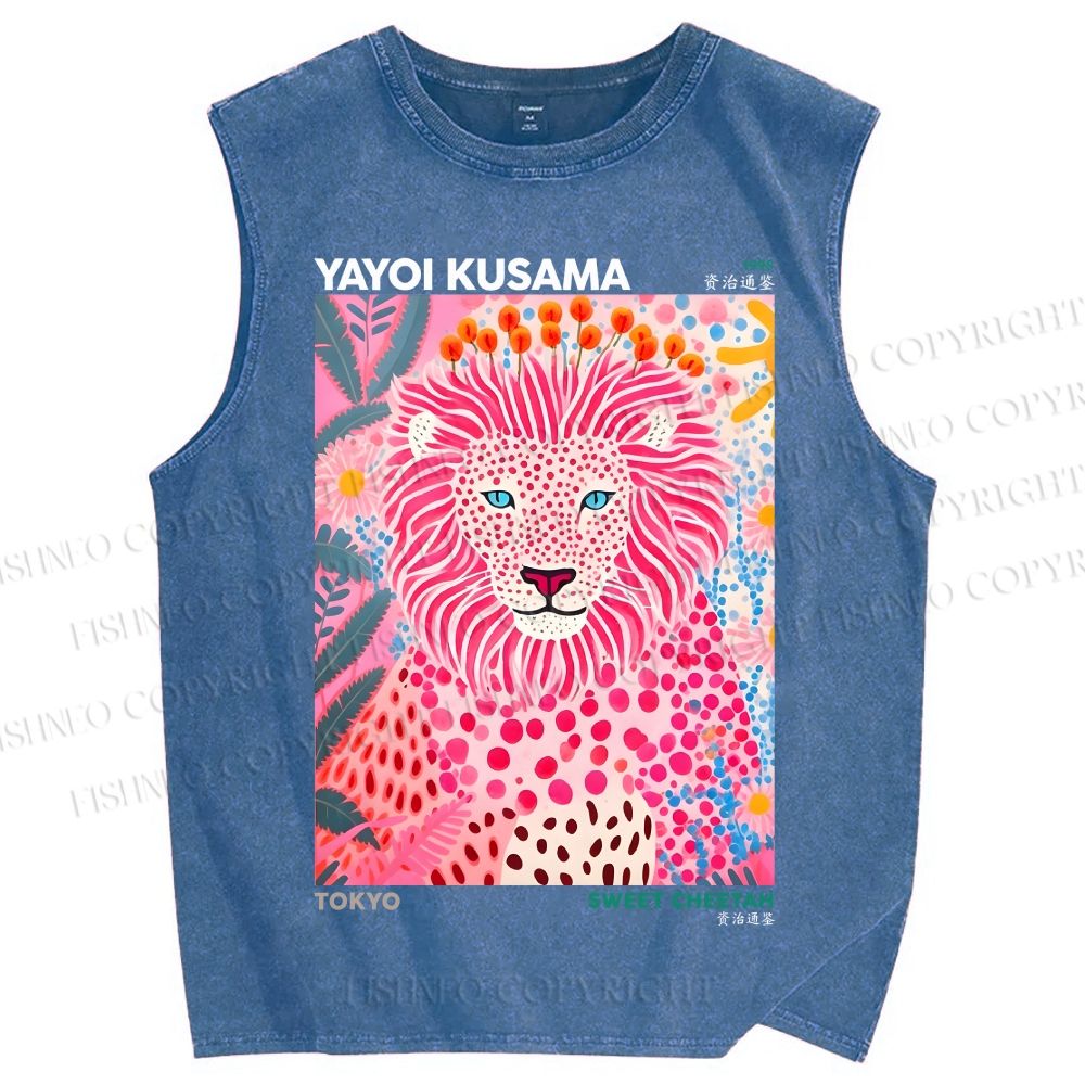Unisex Yayoi Kusama Pink Lion Printed Washed Tank Top