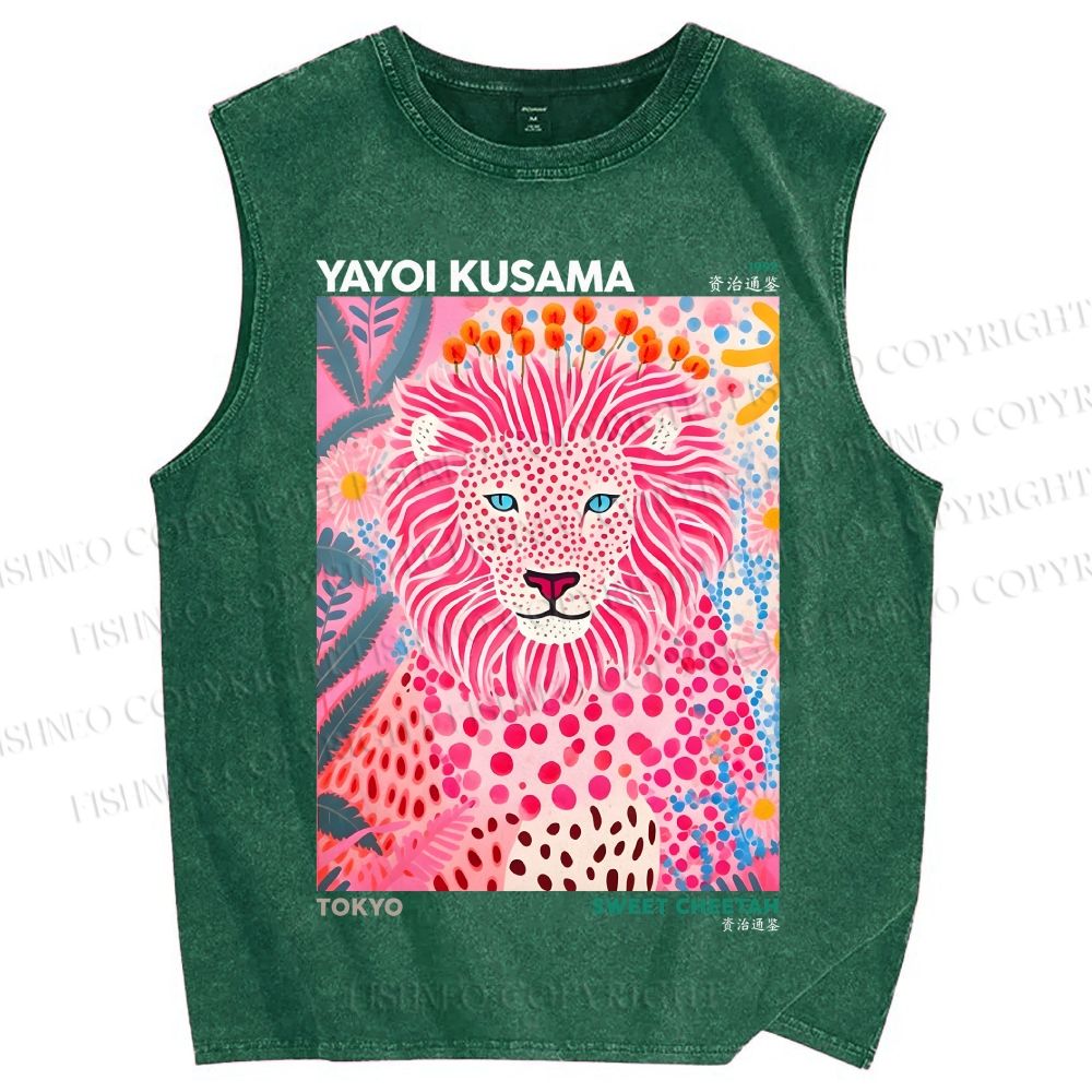Unisex Yayoi Kusama Pink Lion Printed Washed Tank Top