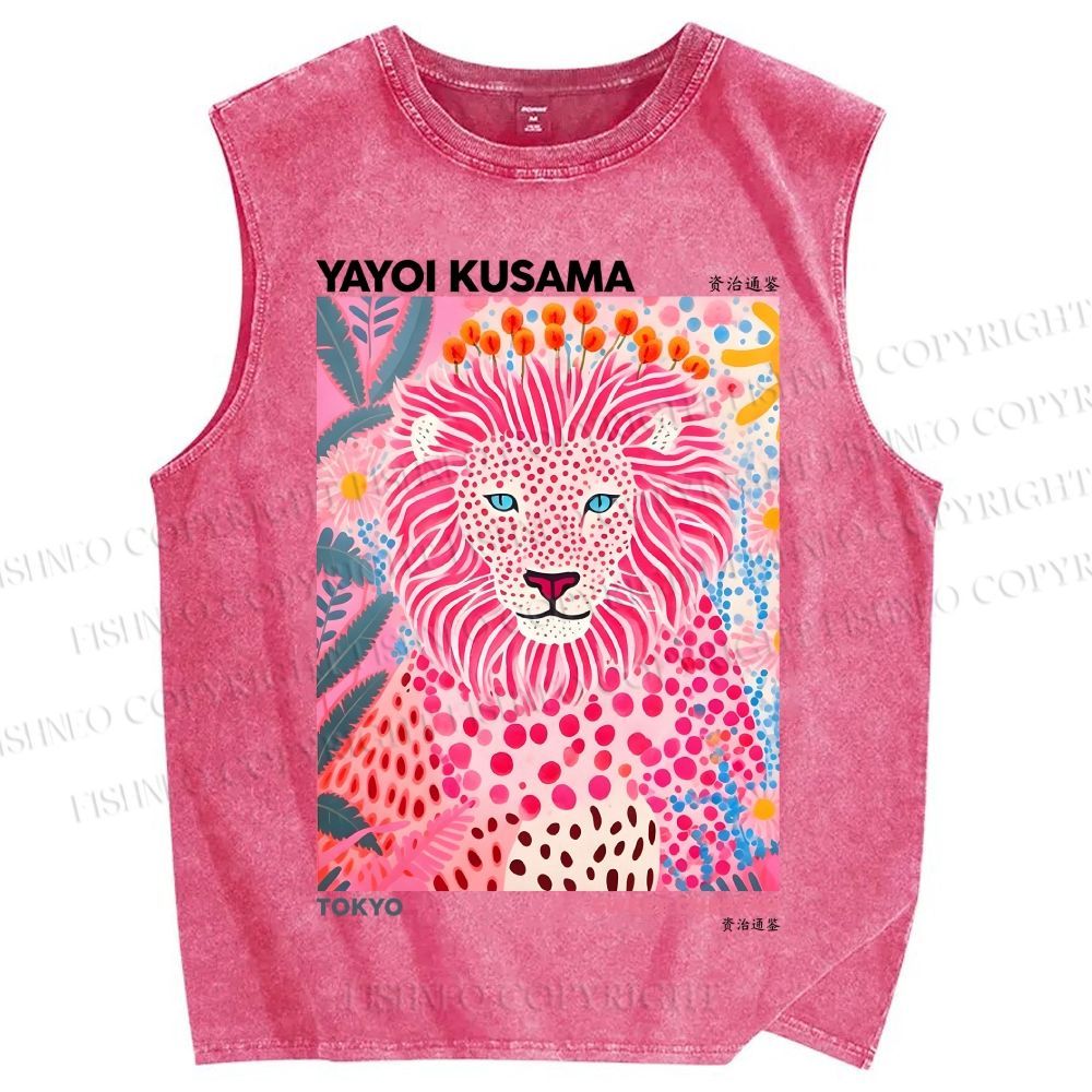 Unisex Yayoi Kusama Pink Lion Printed Washed Tank Top