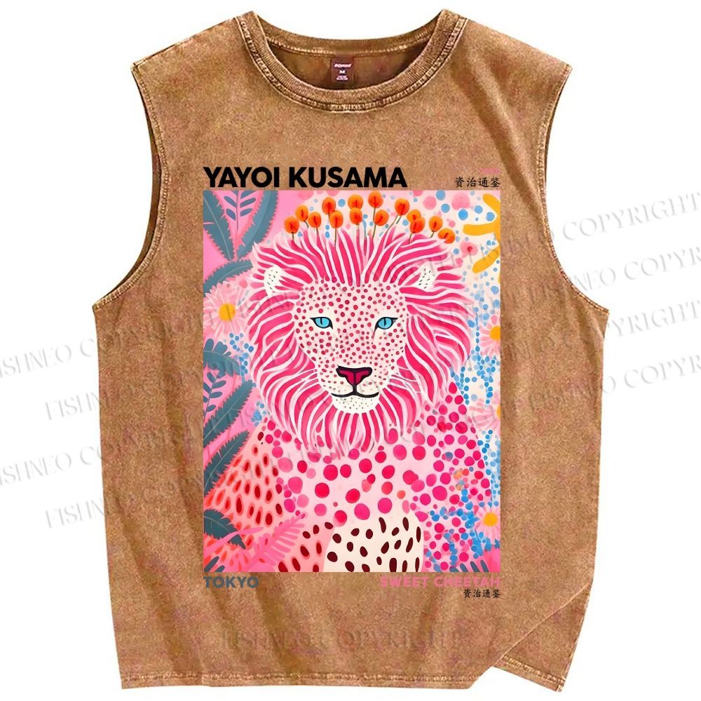 Unisex Yayoi Kusama Pink Lion Printed Washed Tank Top
