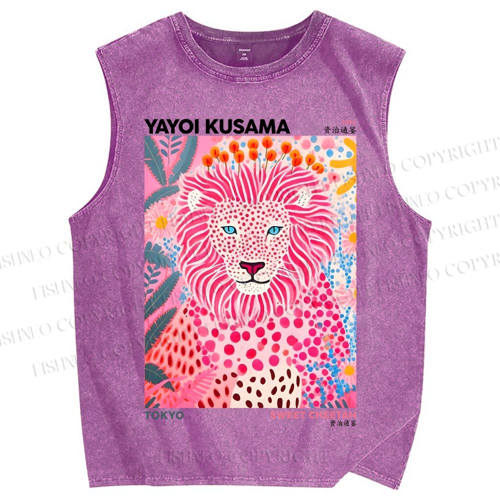 Unisex Yayoi Kusama Pink Lion Printed Washed Tank Top